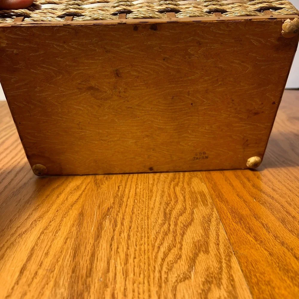 VTG Woven Sewing Basket Made in Japan Lidded Box w/ Handle Mid Century Craft *